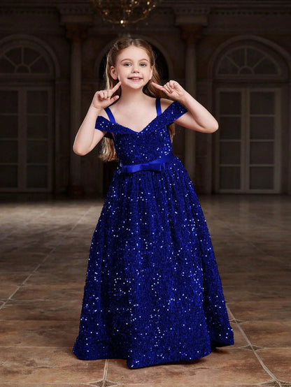 High-Low Hem Off-Shoulder Sequin A-Line Short-Sleeve Tween Girls' Party Dress in Royal Blue
