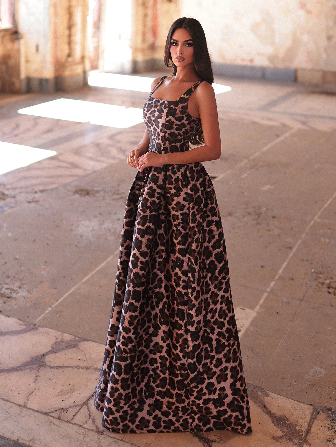 Additional product view of Square-Neck Satin A-Line Sleeveless Maxi Evening Gown