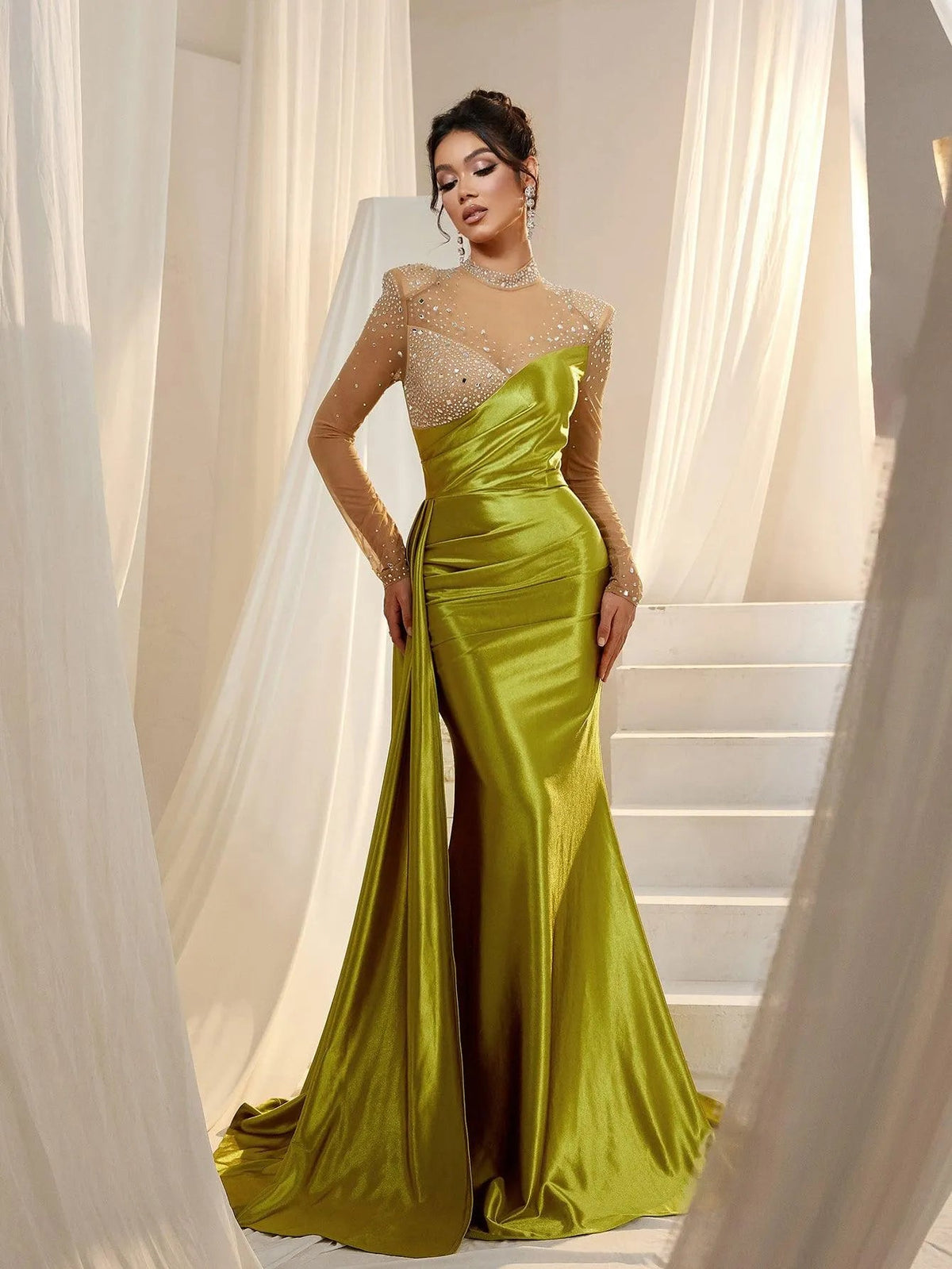Rhinestone Detail Mock Neck Satin Mermaid Prom Dress