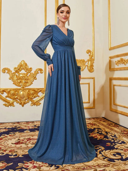 Additional product view of V-Neck Chiffon A-Line Long-Sleeve Maxi Evening Gown
