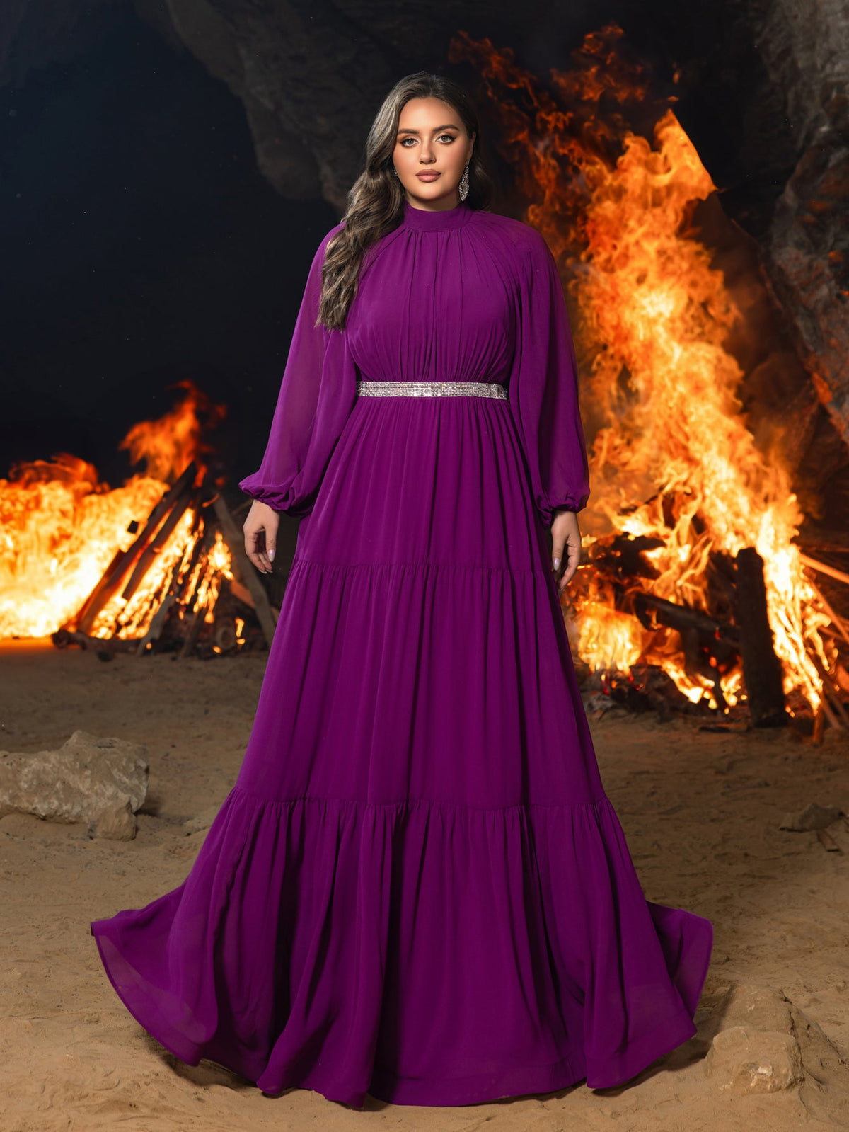 Plus Chiffon Mock Neck Evening Gown with Tiered Ruffles – Structured Maxi Dress for Gala Dinners, Awards Nights & Dramatic Events