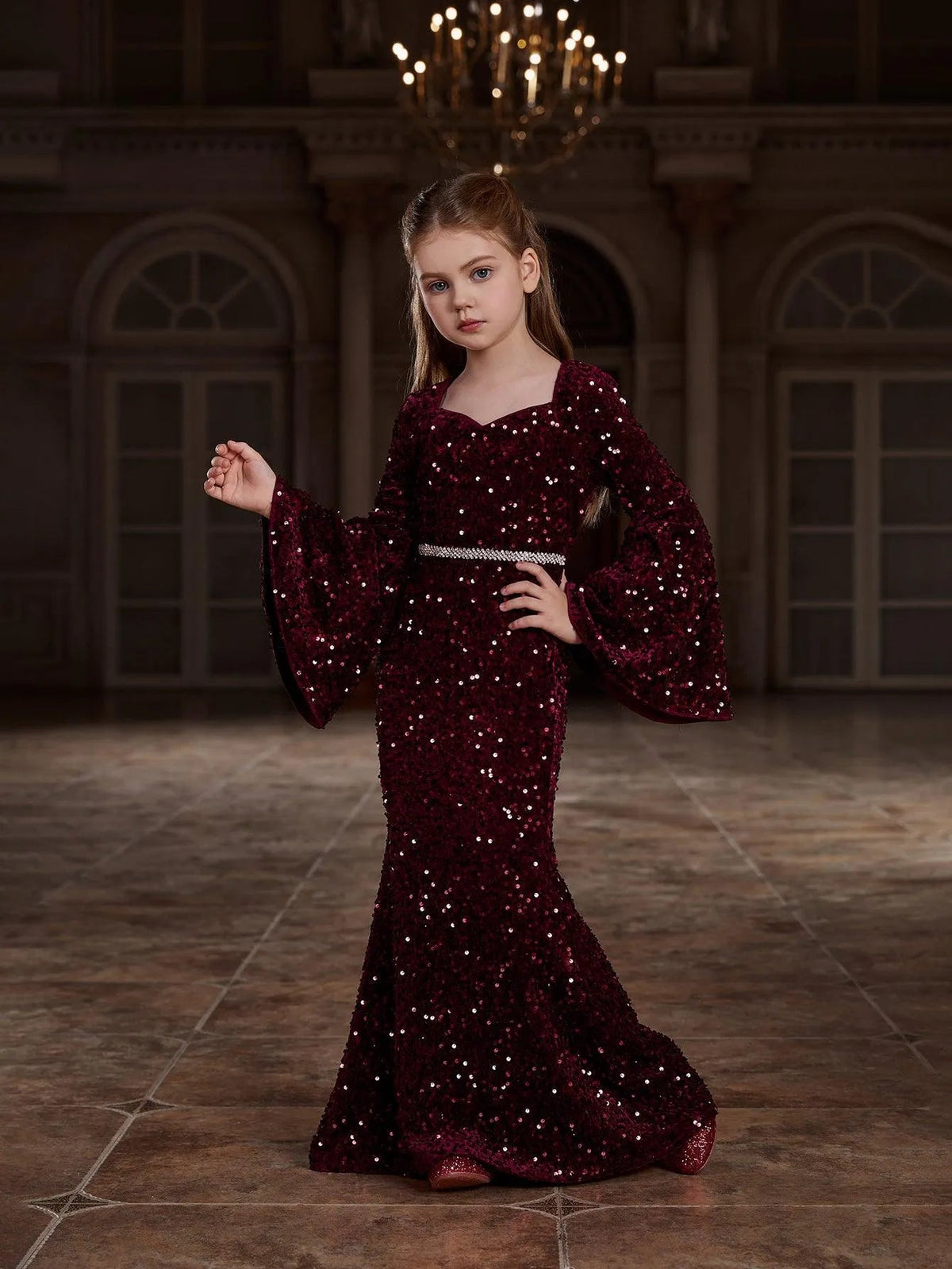 Alternate view of Bell-Sleeve Sweetheart-Neck Sequin Mermaid Maxi Tween Girls' Party Dress in Burgundy