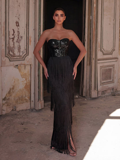 Sparkling Sequin & Fringe Maxi Dress | Strapless Sweetheart Neckline, High Side Slit, Open Back | Glam Evening Gown for Parties, Galas, Prom