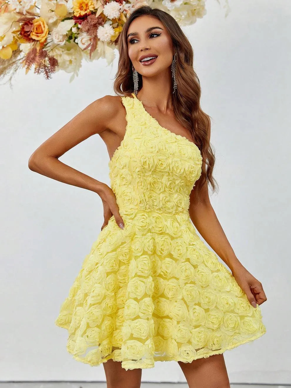 Alternate view of Backless One-Shoulder 3D-Flower A-Line Sleeveless Mini Party Dress in Yellow