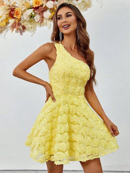 Alternate view of Backless One-Shoulder 3D-Flower A-Line Sleeveless Mini Party Dress in Yellow
