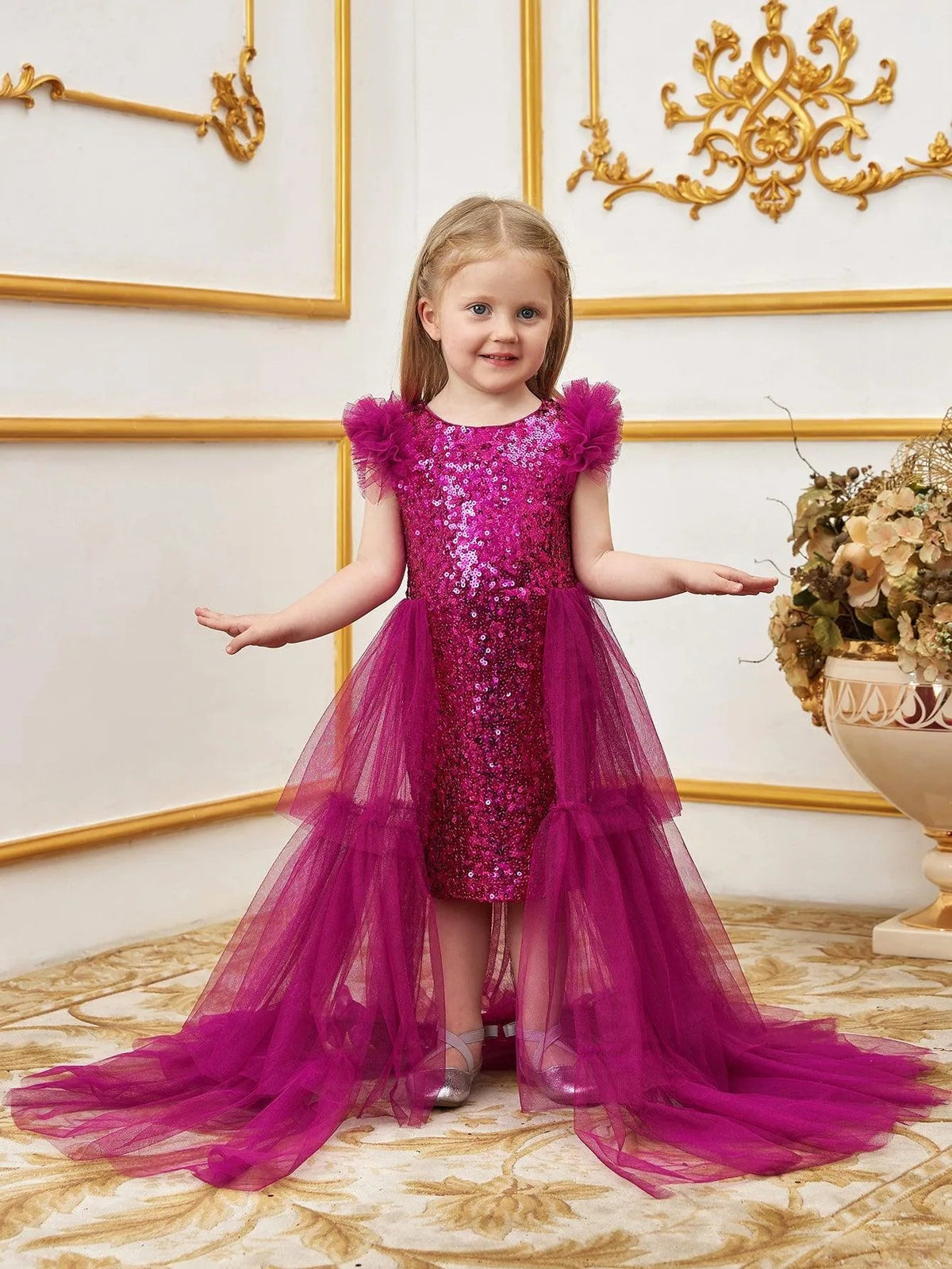 Additional product view of Layered Hem Sequin A-Line Sleeveless Mesh Young Girls' Party Dress