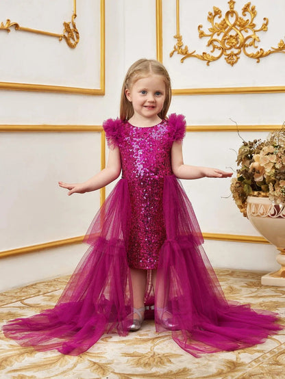 Additional product view of Layered Hem Sequin A-Line Sleeveless Mesh Young Girls' Party Dress