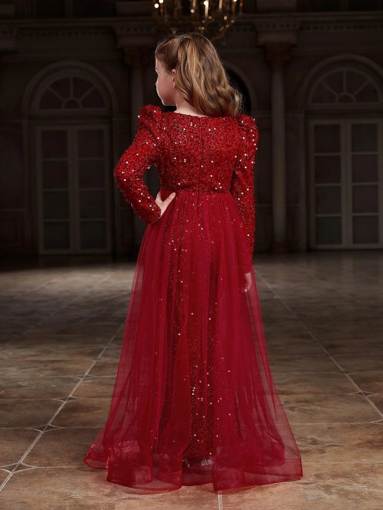 Additional product view of Mesh Overlay V-Neck Sequin Mermaid Long-Sleeve Tween Girls' Party Dress