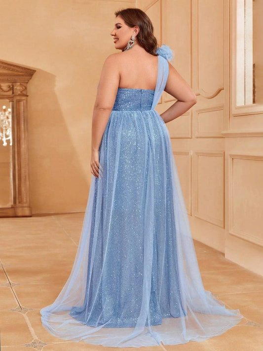 Plus-Size One-Shoulder Sequin Sleeveless A-Line Evening Gown — authorized product image 2