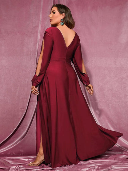 Additional product view of Plunging-Neck High-Slit Plus-Size V-Neck Knit Evening Gown
