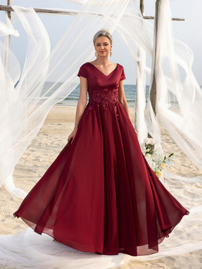 Additional view of Burgundy V-Neck Chiffon Mother of the Bride Dress with Lace Applique