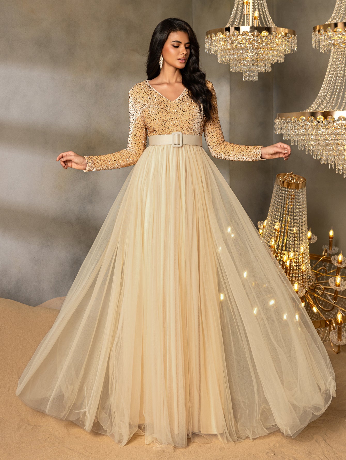 Elegant Sequin Long Sleeve V-Neck Evening Gown with Sheer Tulle Skirt, High Waist Belt | Flowy Formal Dress for Special Occasions