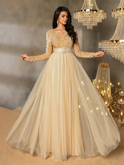 Elegant Sequin Long Sleeve V-Neck Evening Gown with Sheer Tulle Skirt, High Waist Belt | Flowy Formal Dress for Special Occasions