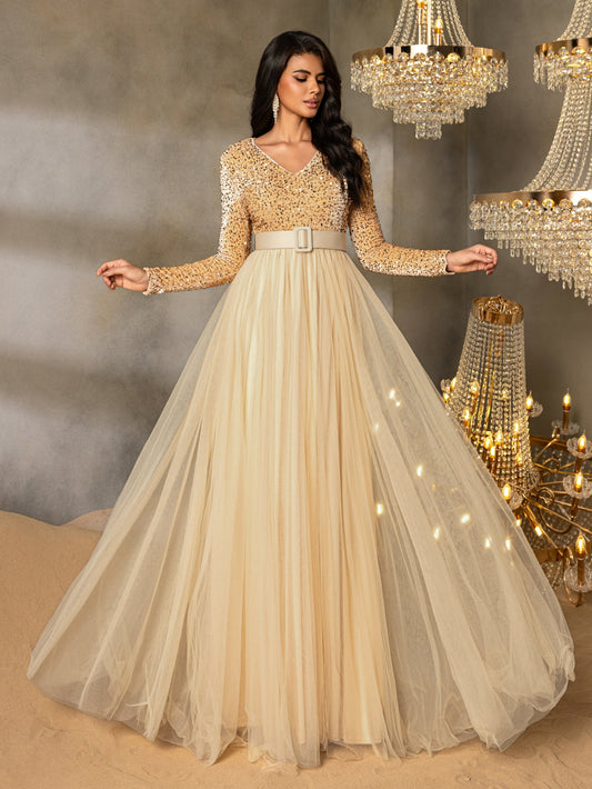 Elegant Sequin Long Sleeve V-Neck Evening Gown with Sheer Tulle Skirt, High Waist Belt | Flowy Formal Dress for Special Occasions