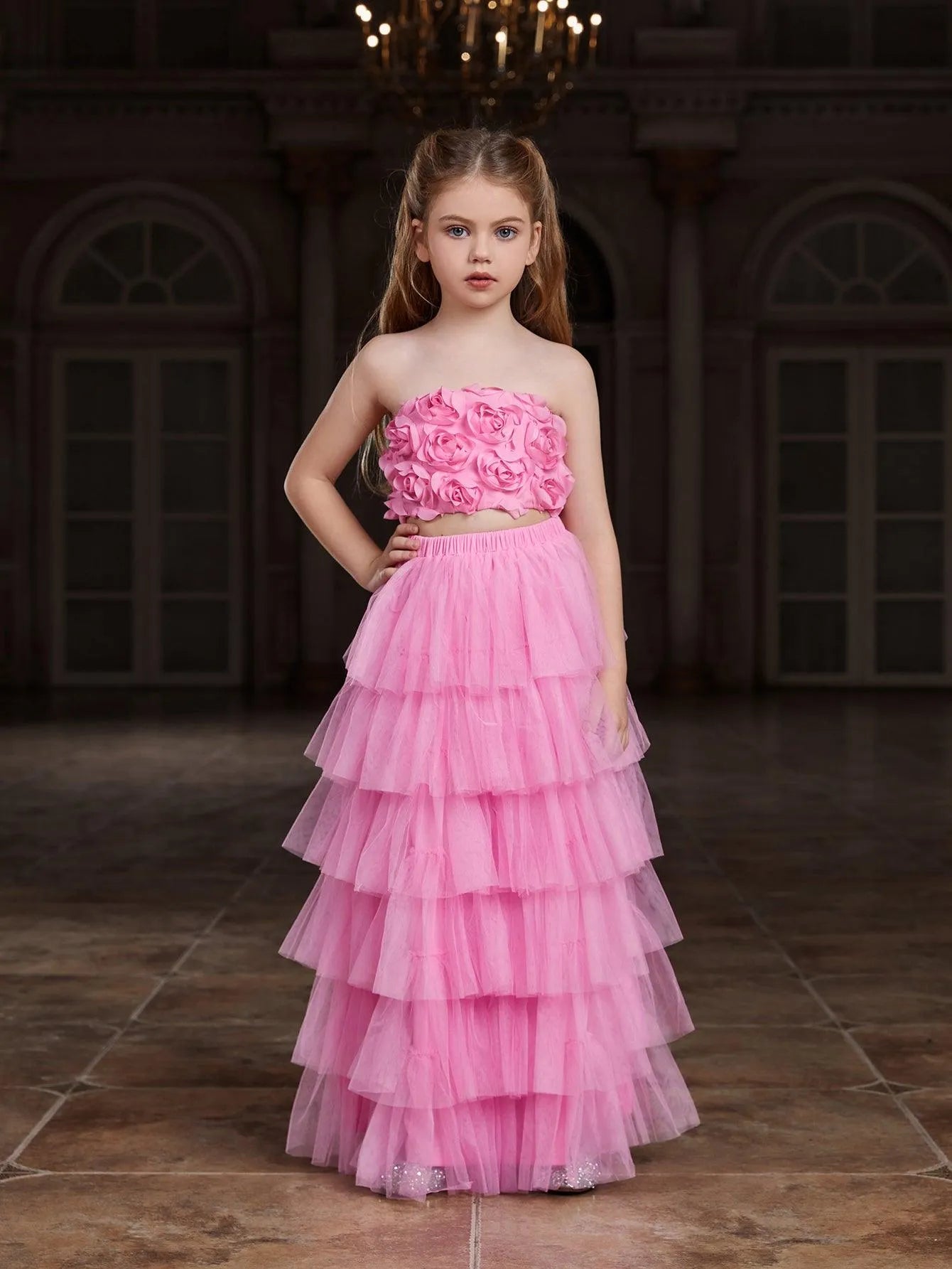 Additional product view of Strapless Mesh 3D-Flower A-Line Sleeveless Girls' Two-Piece Formal Set