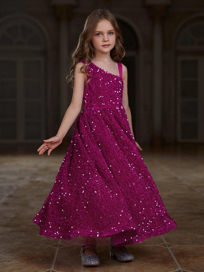 Additional product view of Asymmetrical Neckline Sequin A-Line Sleeveless Maxi Tween Girls' Party Dress