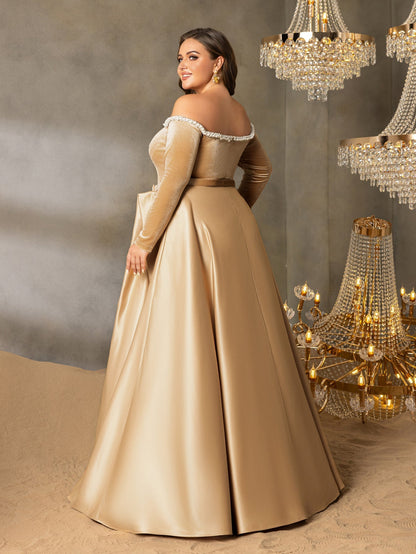 Plus Women's Pearl Accented Off-The-Shoulder Formal Gown | Long Sleeves | Defined Waist Belt | Full Flared Skirt