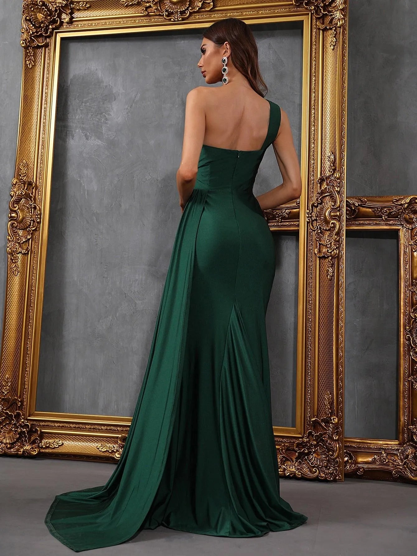 Additional product view of Draped Side High-Slit One-Shoulder Knit Mermaid Evening Gown