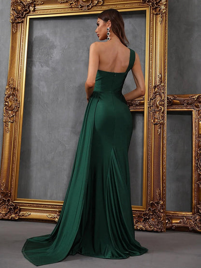 Additional product view of Draped Side High-Slit One-Shoulder Knit Mermaid Evening Gown