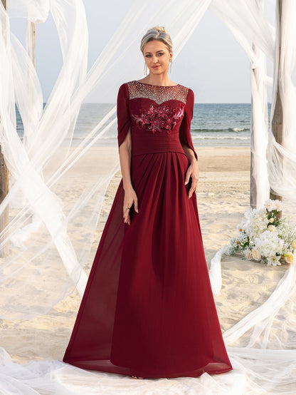 Women's Elegant Mother of the Bride Gown with Rhinestone Neckline & Floral Appliqué – Floor-Length Chiffon Evening Dress for Formal Galas