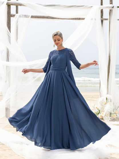 Women's Lace & Chiffon Mother-of-the-Bride Dress: Flowing Beach Wedding Gown with Mid-Sleeve Detailing & Dramatic Skirt
