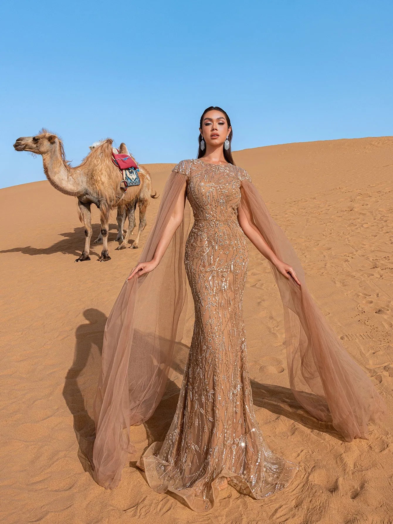 Luxury Round Neck Cloak Sleeve Mermaid Hem Beaded Evening Dress — authorized product image 1