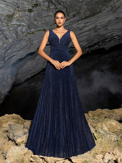 Glitter V Neck Sleeveless Maxi A Line Pleated Dress