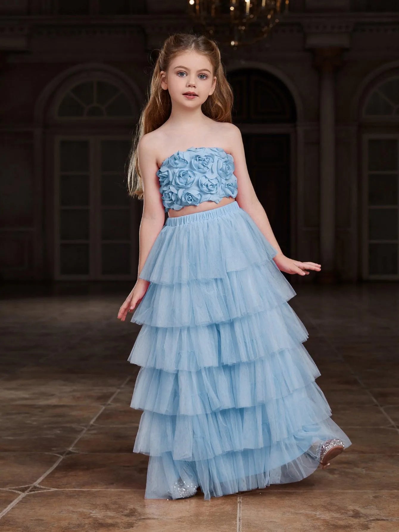 Additional product view of Strapless Mesh 3D-Flower A-Line Sleeveless Girls' Two-Piece Formal Set