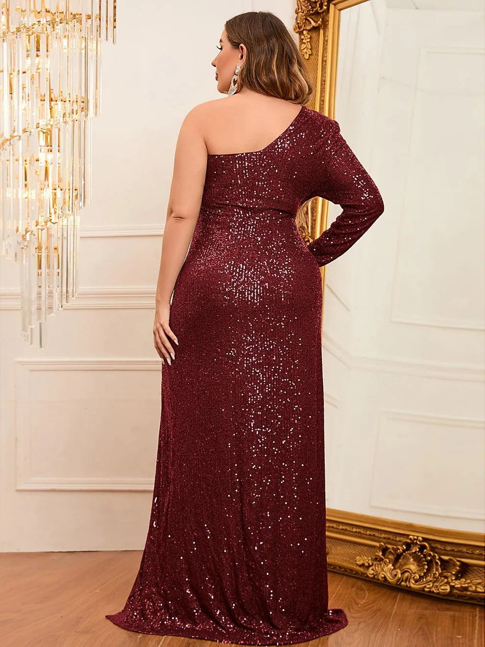 Plus One Shoulder Single Sleeve Split Thigh Sequin Party Dress