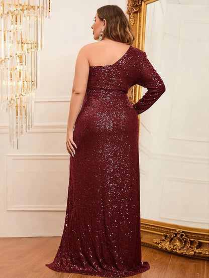 Plus One Shoulder Single Sleeve Split Thigh Sequin Party Dress