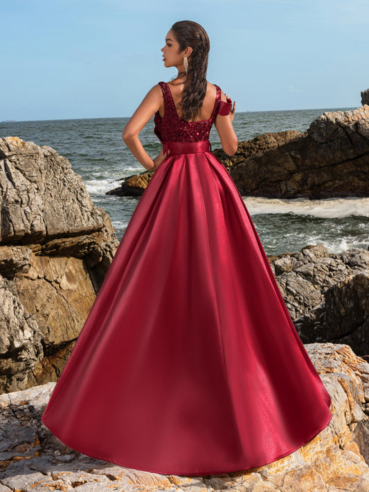 Elegant Square Collar Buckle Belted Split Satin Prom Dress