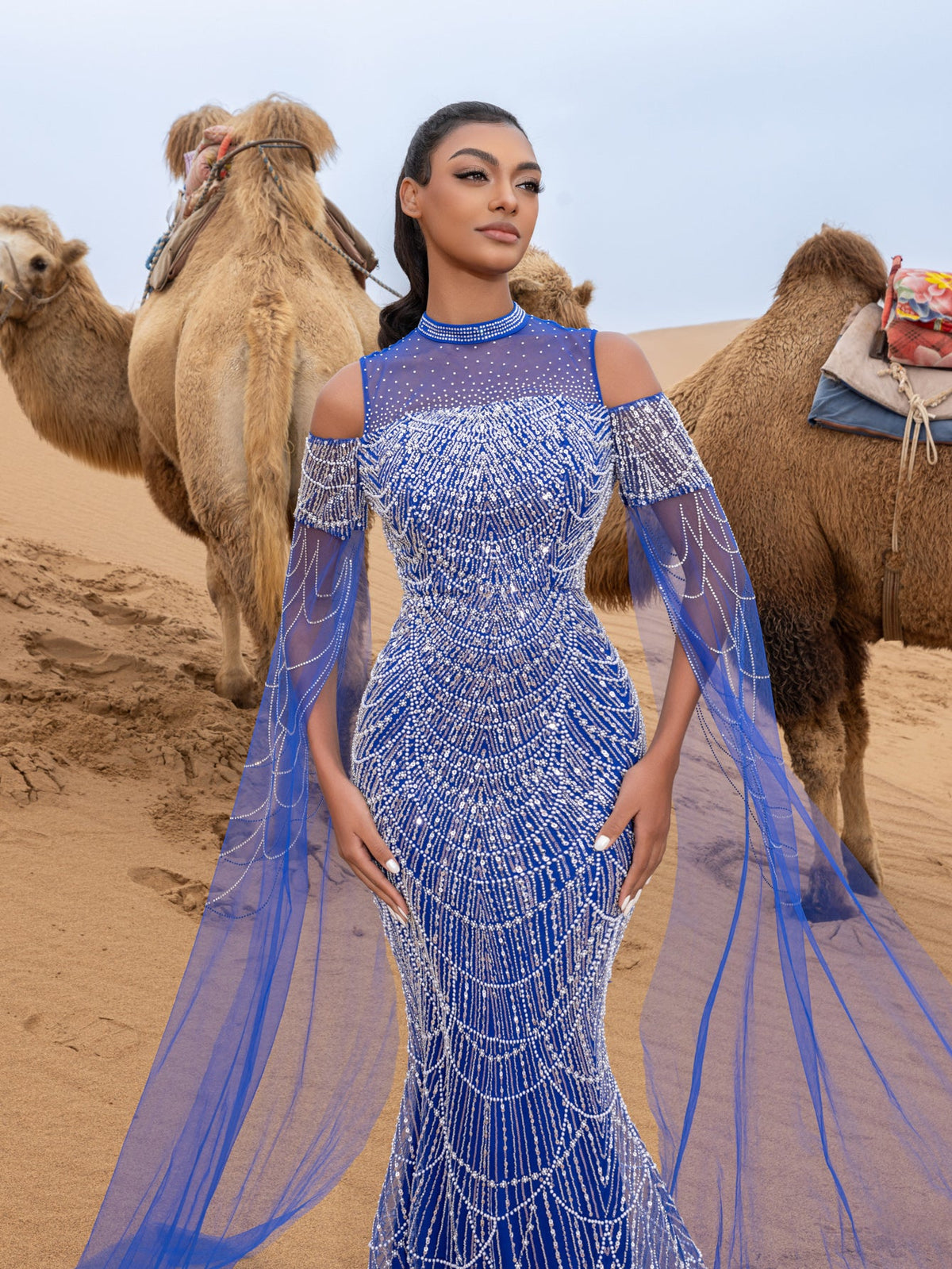 Luxury Gorgeous Rhinestone Detail Cape Sleeves Mermaid Hem Beaded Seuqin Evening Dress – view 19