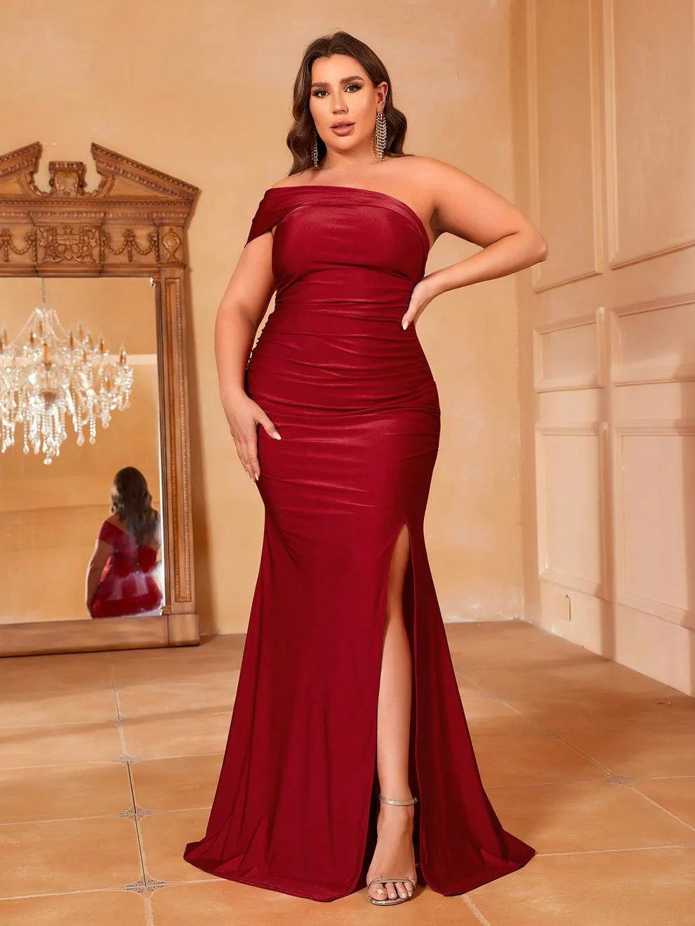 Additional product view of Mermaid Hem Plus-Size One-Shoulder Knit High-Slit Evening Gown