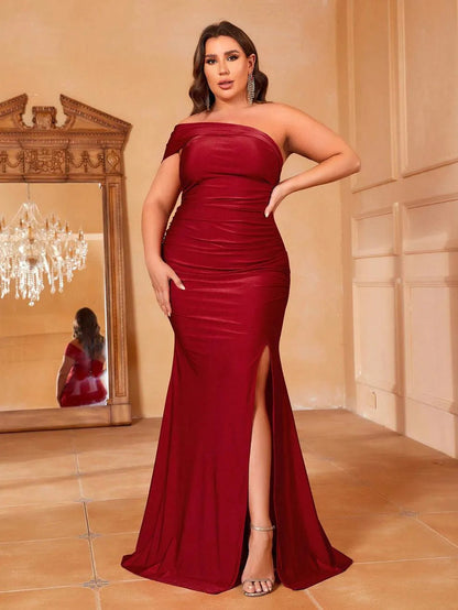 Additional product view of Mermaid Hem Plus-Size One-Shoulder Knit High-Slit Evening Gown