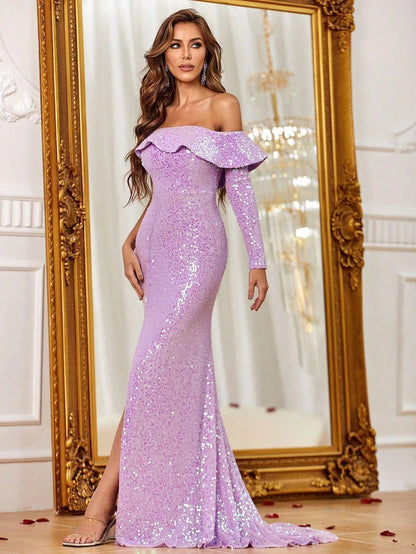 Off-Shoulder Sequin Ruffle Long-Sleeve Mermaid Evening Gown — authorized product image 3