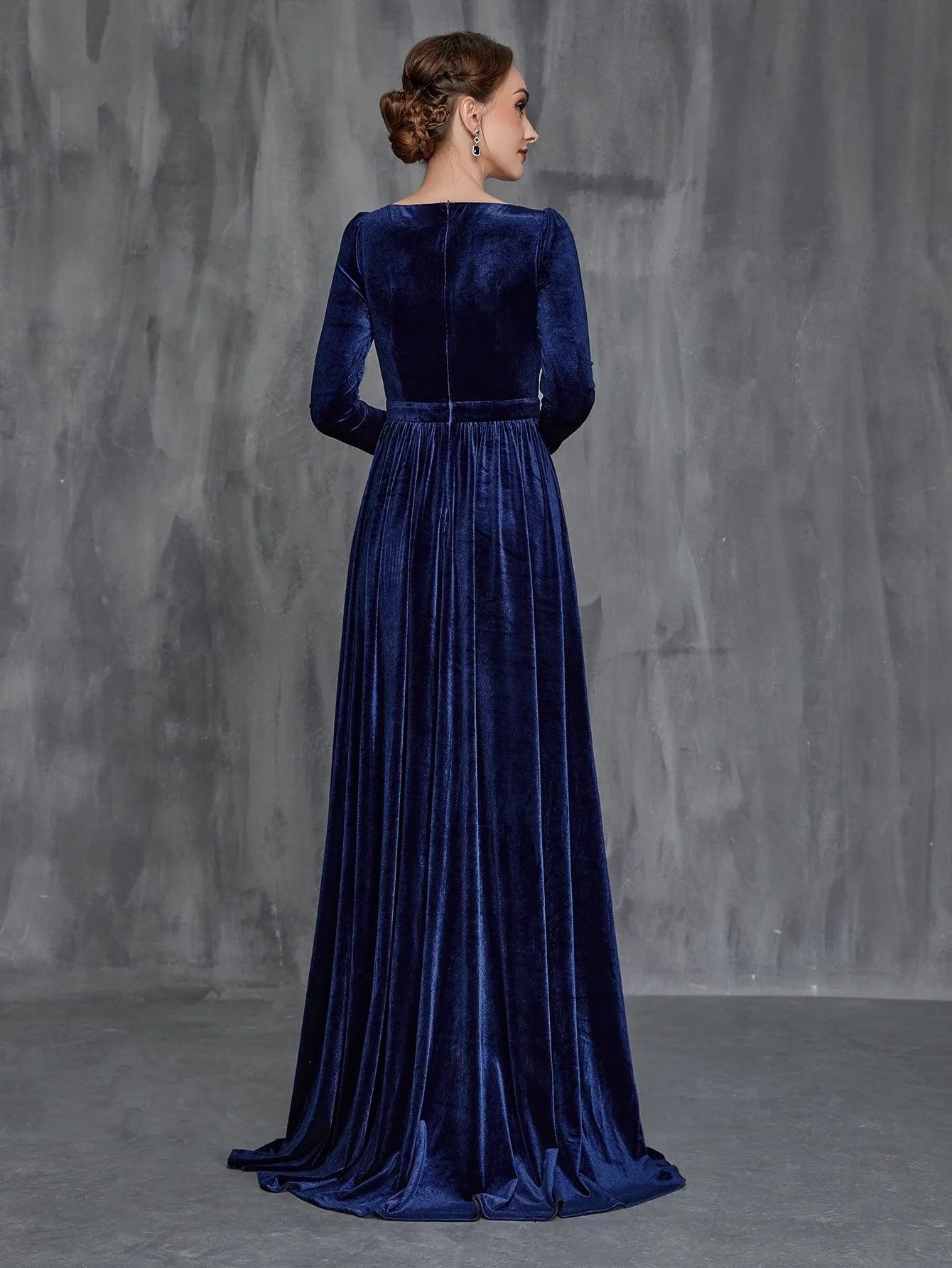 Additional product view of High-Slit Velvet Sweetheart-Neck Long-Sleeve A-Line Mother-of-the-Bride Dress