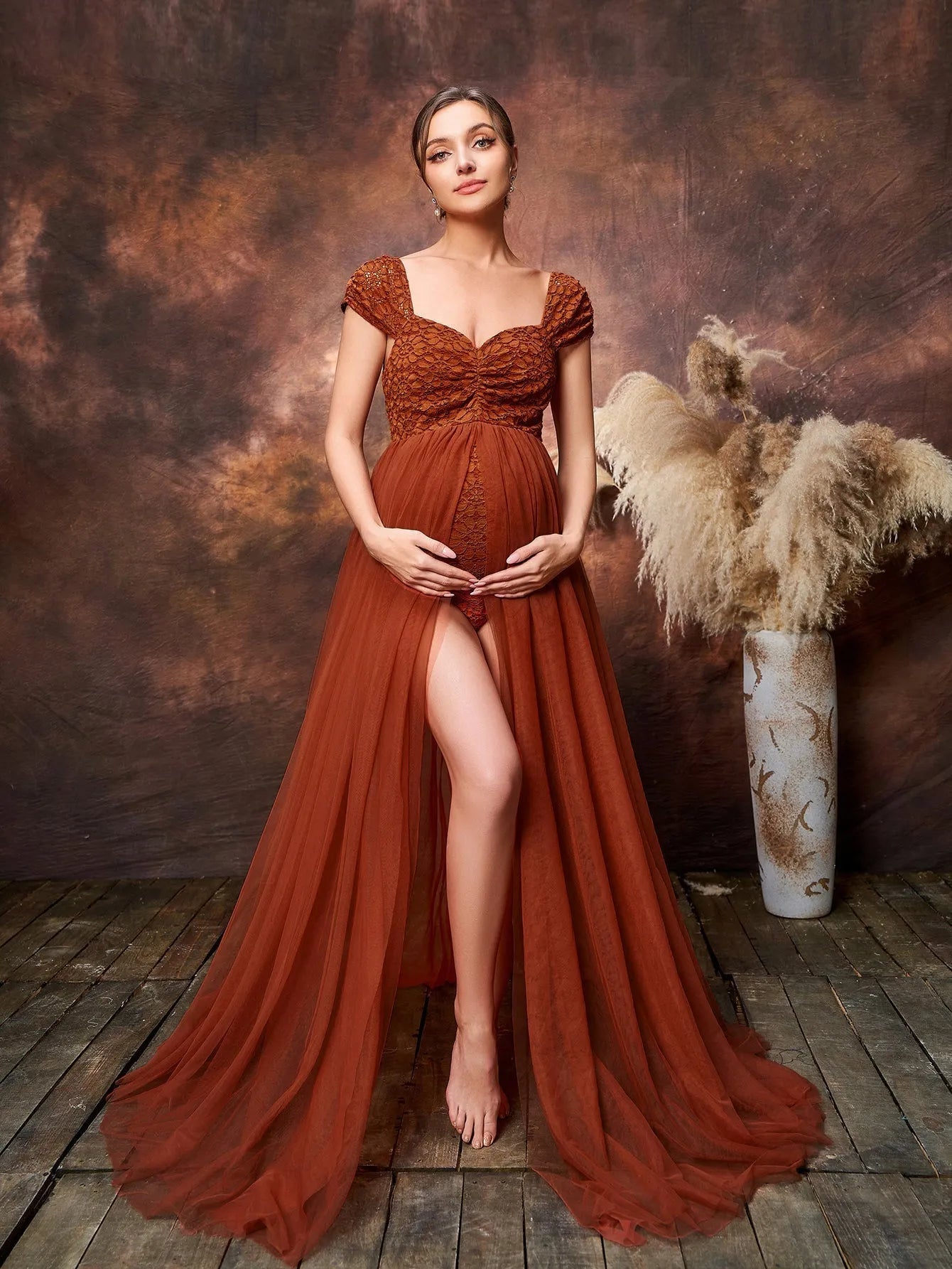 Additional product view of Mesh Overlay Cap-Sleeve Sweetheart-Neck Lace A-Line Maternity Formal Dress
