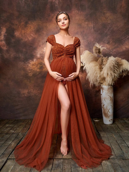 Additional product view of Mesh Overlay Cap-Sleeve Sweetheart-Neck Lace A-Line Maternity Formal Dress