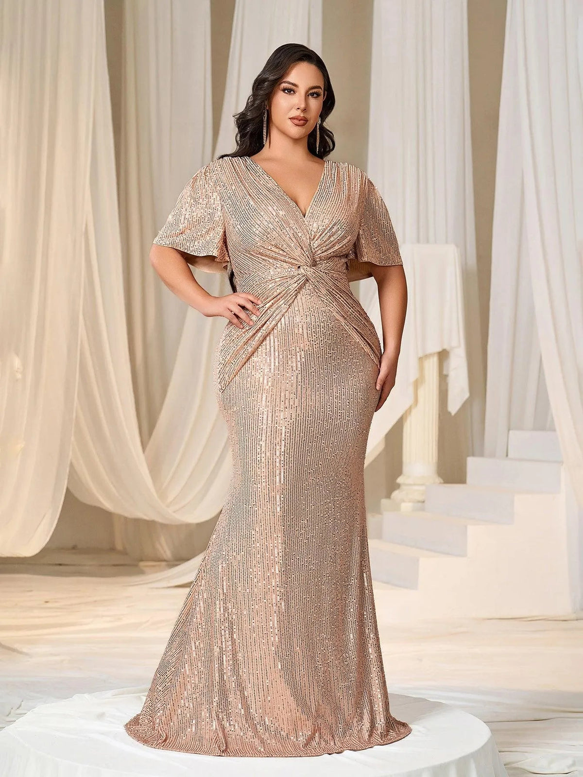Additional product view of Twist Front Plunging-Neck Plus-Size V-Neck Sequin Evening Gown