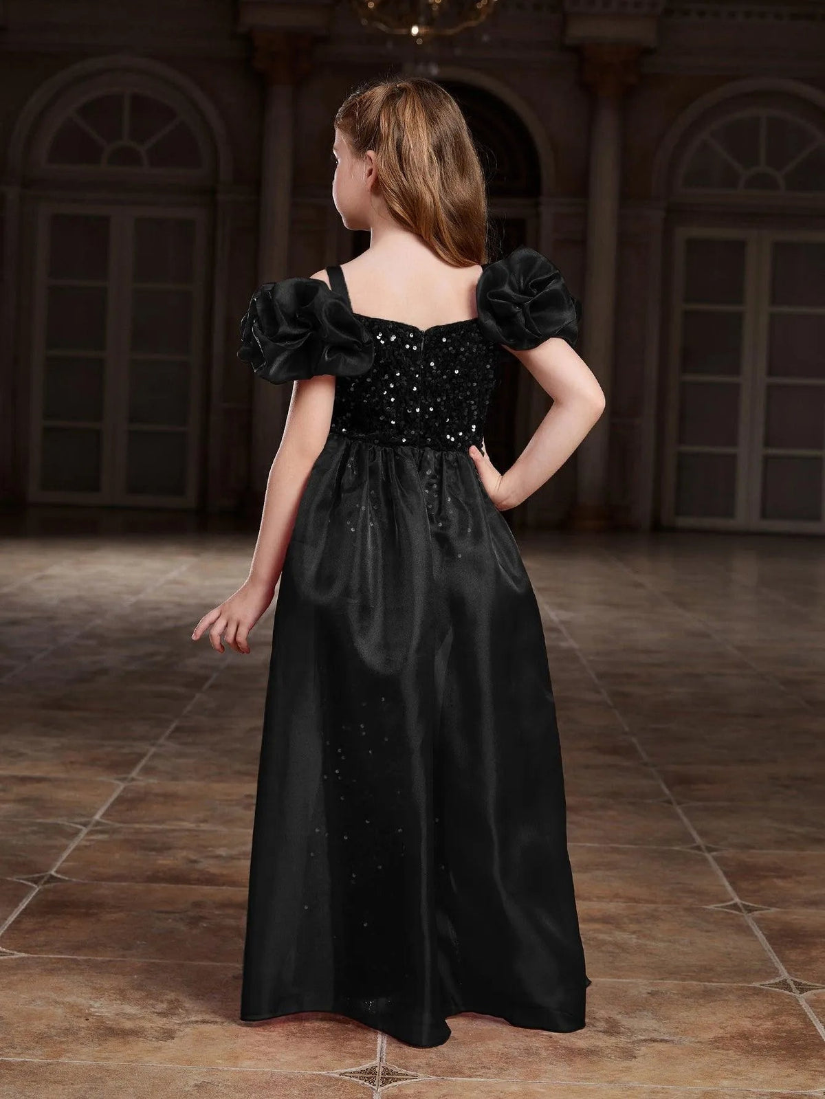 Additional product view of Mesh Overlay Sweetheart-Neck Sequin Mermaid Short-Sleeve Tween Girls' Party Dress