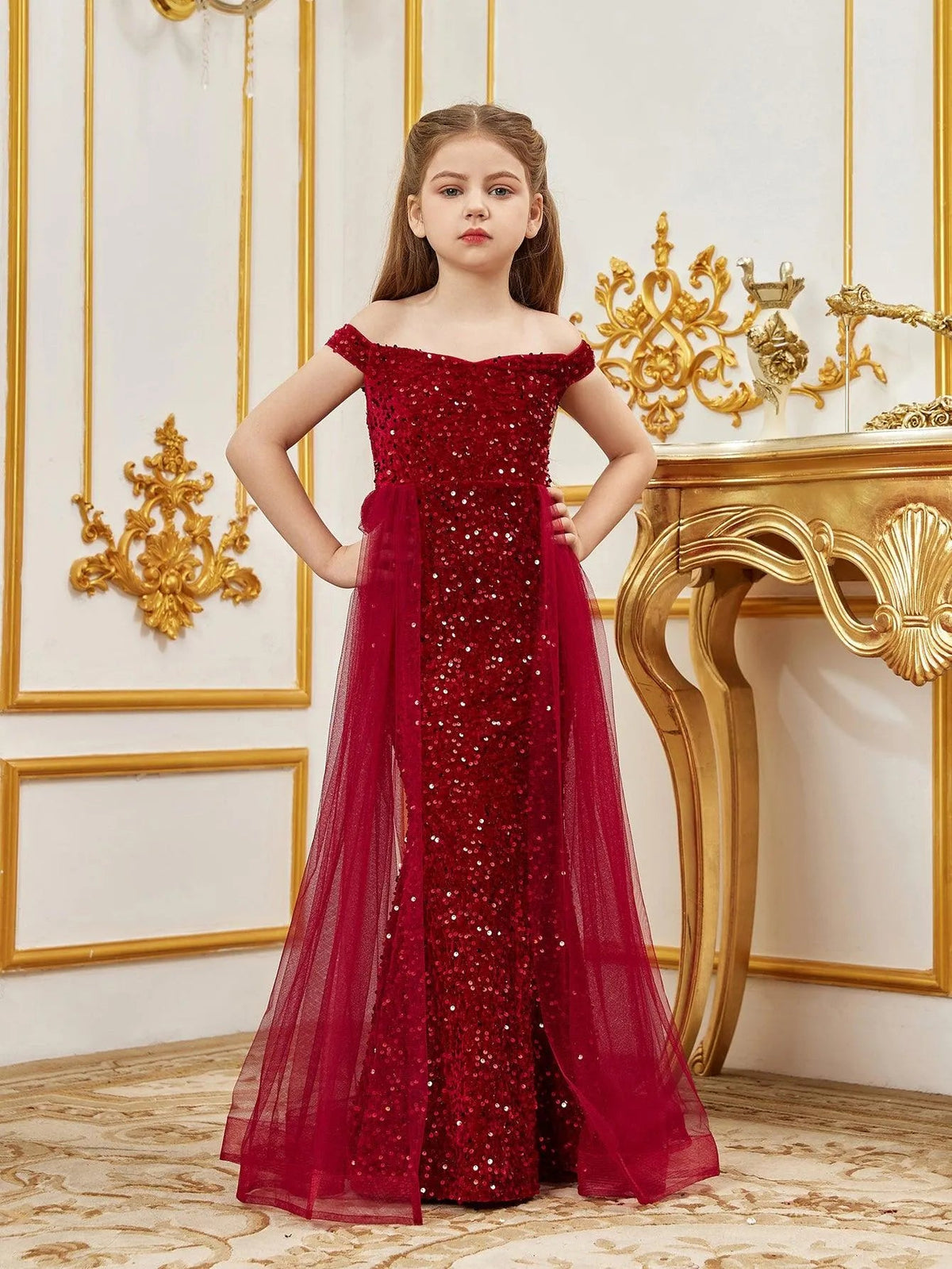 Additional product view of Mesh Overlay Off-Shoulder Sequin Mermaid Short-Sleeve Maxi Tween Girls' Party Dress
