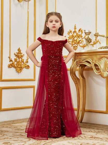Additional product view of Mesh Overlay Off-Shoulder Sequin Mermaid Short-Sleeve Maxi Tween Girls' Party Dress