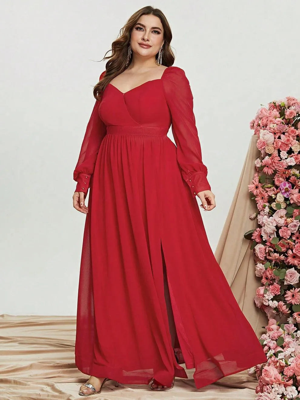 Plus Sweetheart Neck Backless Long Sleeve Chiffon A line Dress