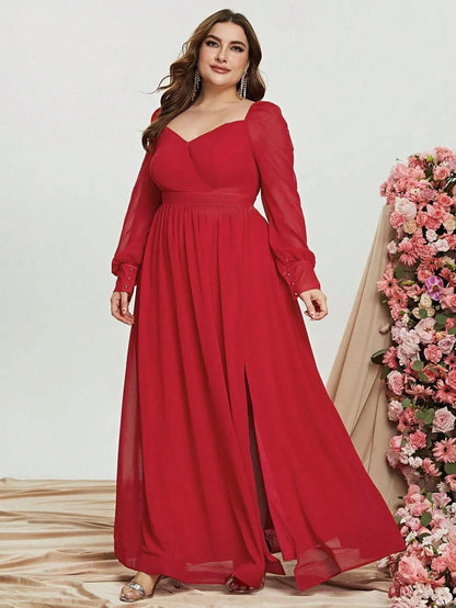 Plus Sweetheart Neck Backless Long Sleeve Chiffon A line Dress