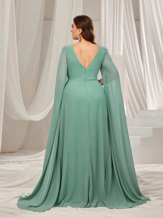 Plus Solid Ruched Front Extra-Long Sleeves Chiffon Prom Dress