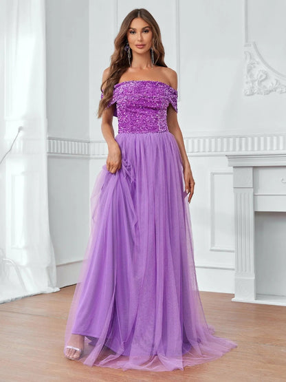 Off-Shoulder Sequin Bodice Mesh Hem Dress