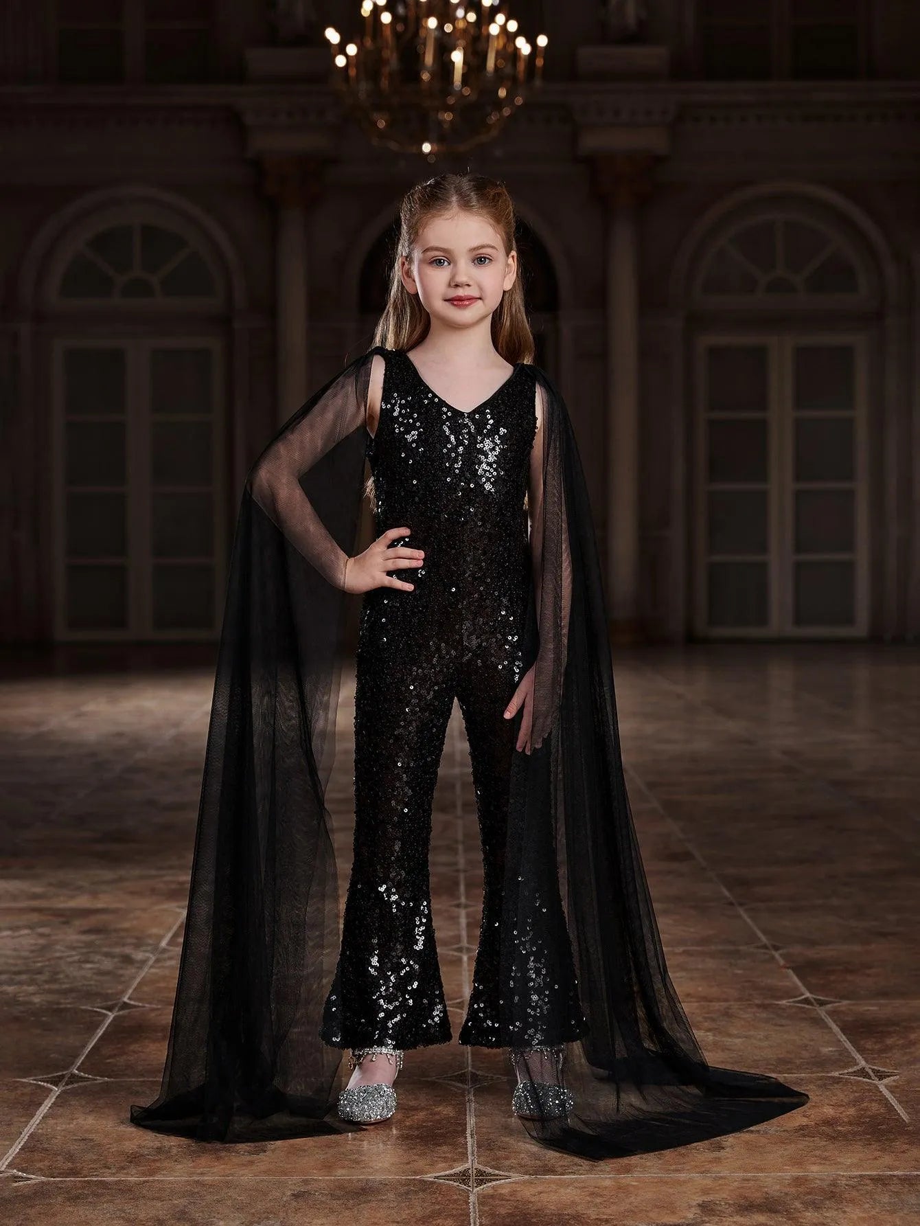 Additional product view of Cloak-Sleeve V-Neck Sequin Tween Girls' Party Jumpsuit