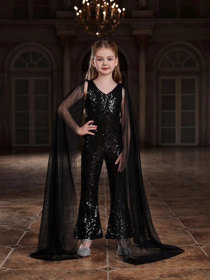 Additional product view of Cloak-Sleeve V-Neck Sequin Tween Girls' Party Jumpsuit
