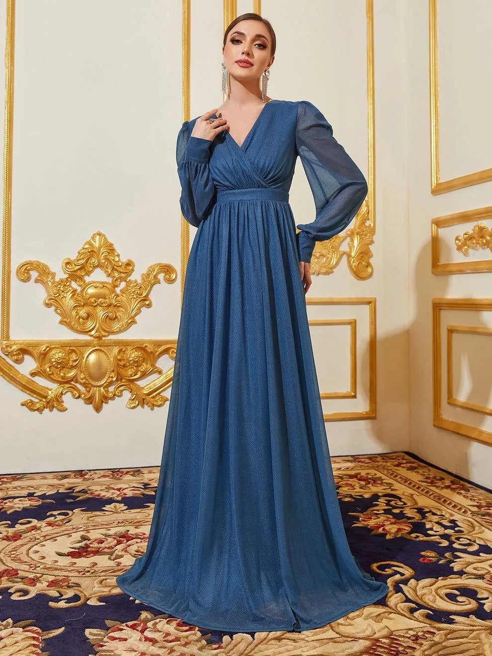 V-Neck Chiffon A-Line Long-Sleeve Maxi Evening Gown in Blue Ashes