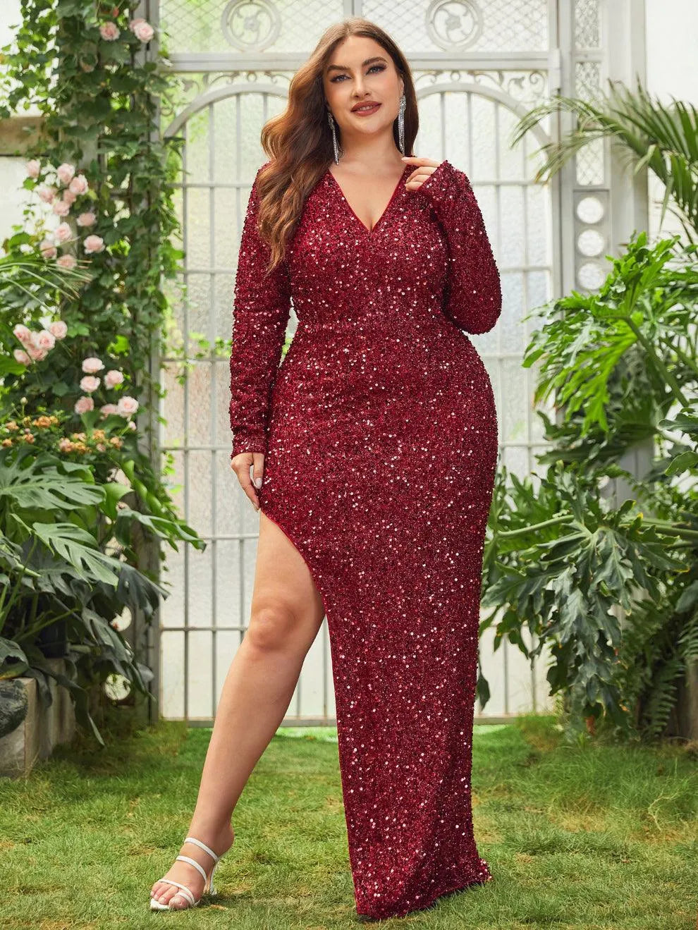 Surplice-Neck High-Slit Plus-Size V-Neck Sequin Evening Gown in Burgundy